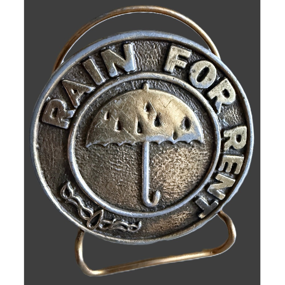 Vintage "Rain for Rent" Irrigation Employee Belt Buckle 1970s Era Sandcast Unmkd